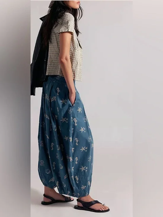 Relaxed Seaside Print Harem Pants - Blue - Picture 5 of 8